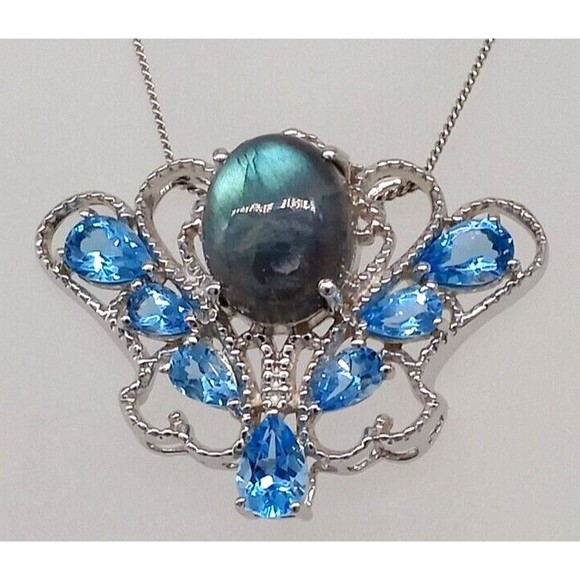 Chuck Clemency Blue Gemstone Topaz Pendant Necklace STS 925 Sterling Sparkly! - Picture 3 of 14